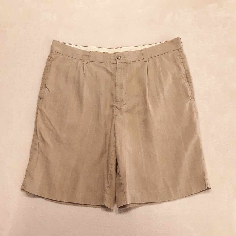 Tommy Bahama Mens Relaxed Fit Pleated Short 35 Beige Tan Silk Linen 9" Inseam